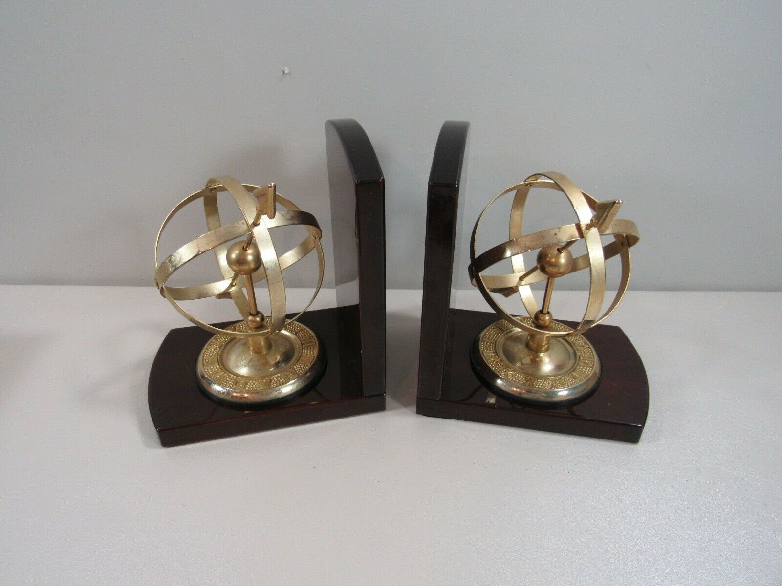 Vintage Pair Of Brass Sphere Sundial On Mahogany~cherry Wood Bookends