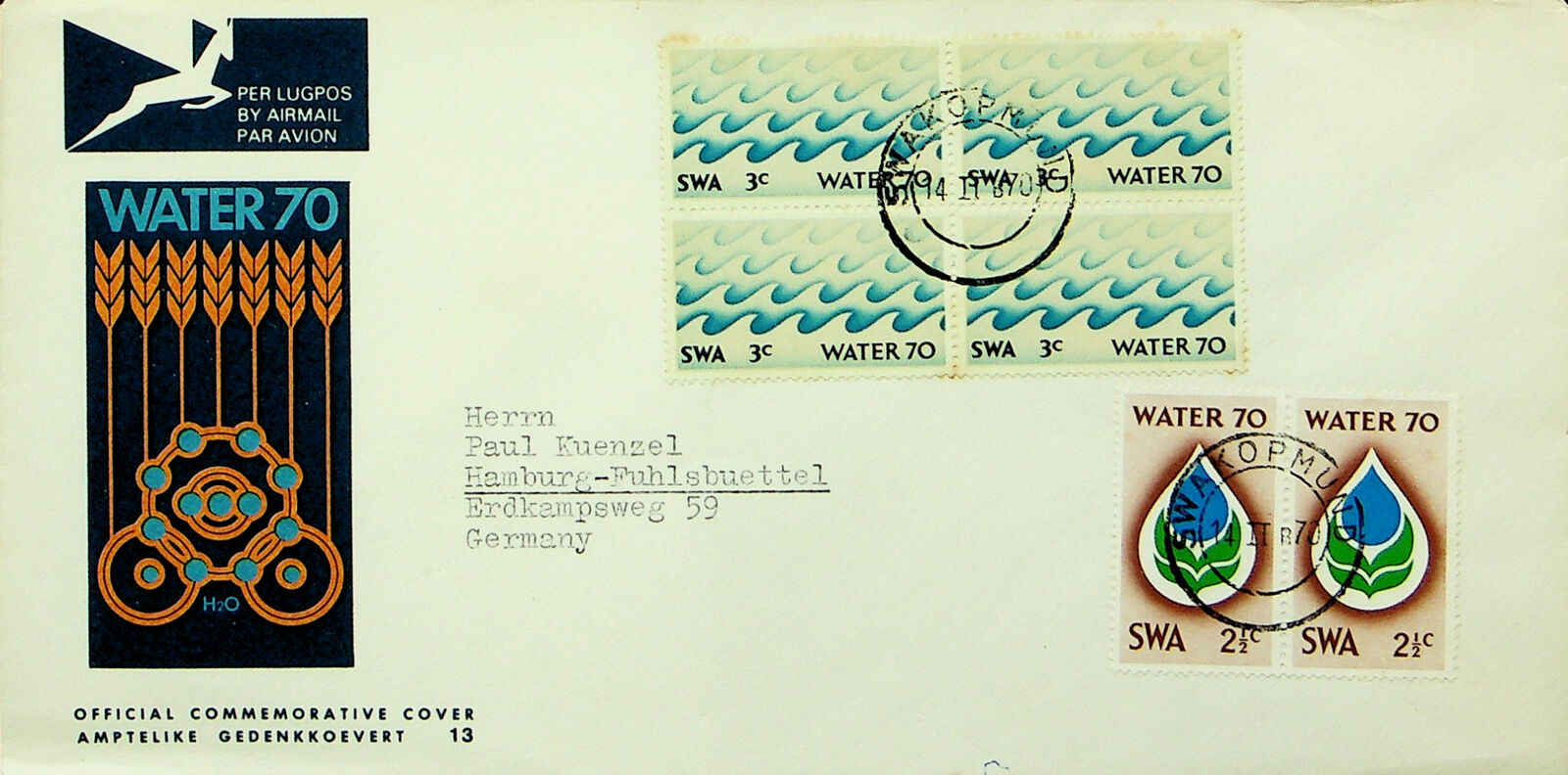 South West Africa 1970 Water B4+ Pair On Illustrated A/m Cover To Germany