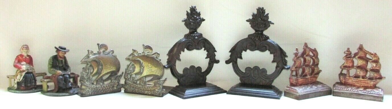 Antique Vintage Painted Cast Iron Bookends Lot Of 4 Some Signed 61zzh