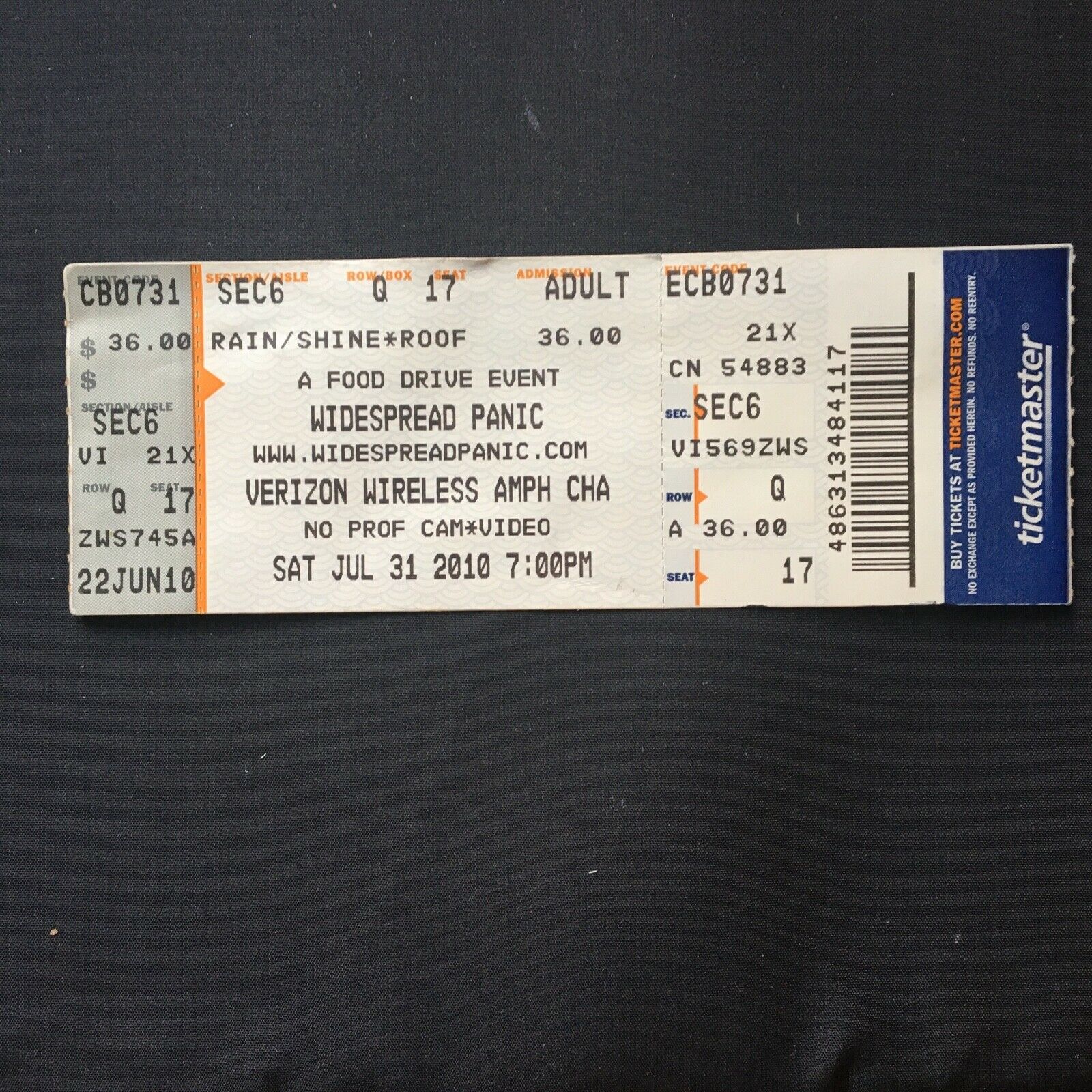 Widespread Panic Concert Ticket Stub 07/31/2010 Charlotte, Nc Seat 17