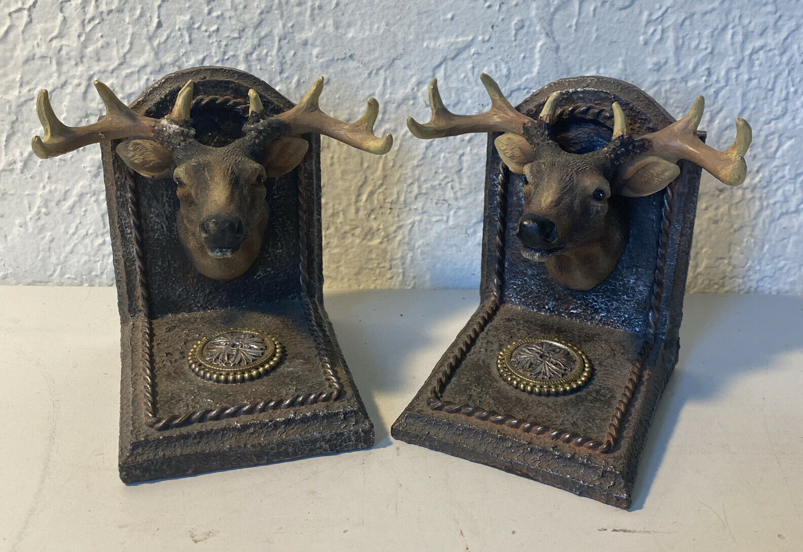 Buck With Antlers Book Ends Set Book Shelf Decor.  4” X 4”x 4”. Pre-owned.